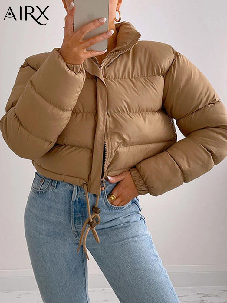 AIRX 2023 Winter Women Coat Casual Cotton Jacket Short Coats Zipper Streetwear Solid Color Long Sleeve Jackets