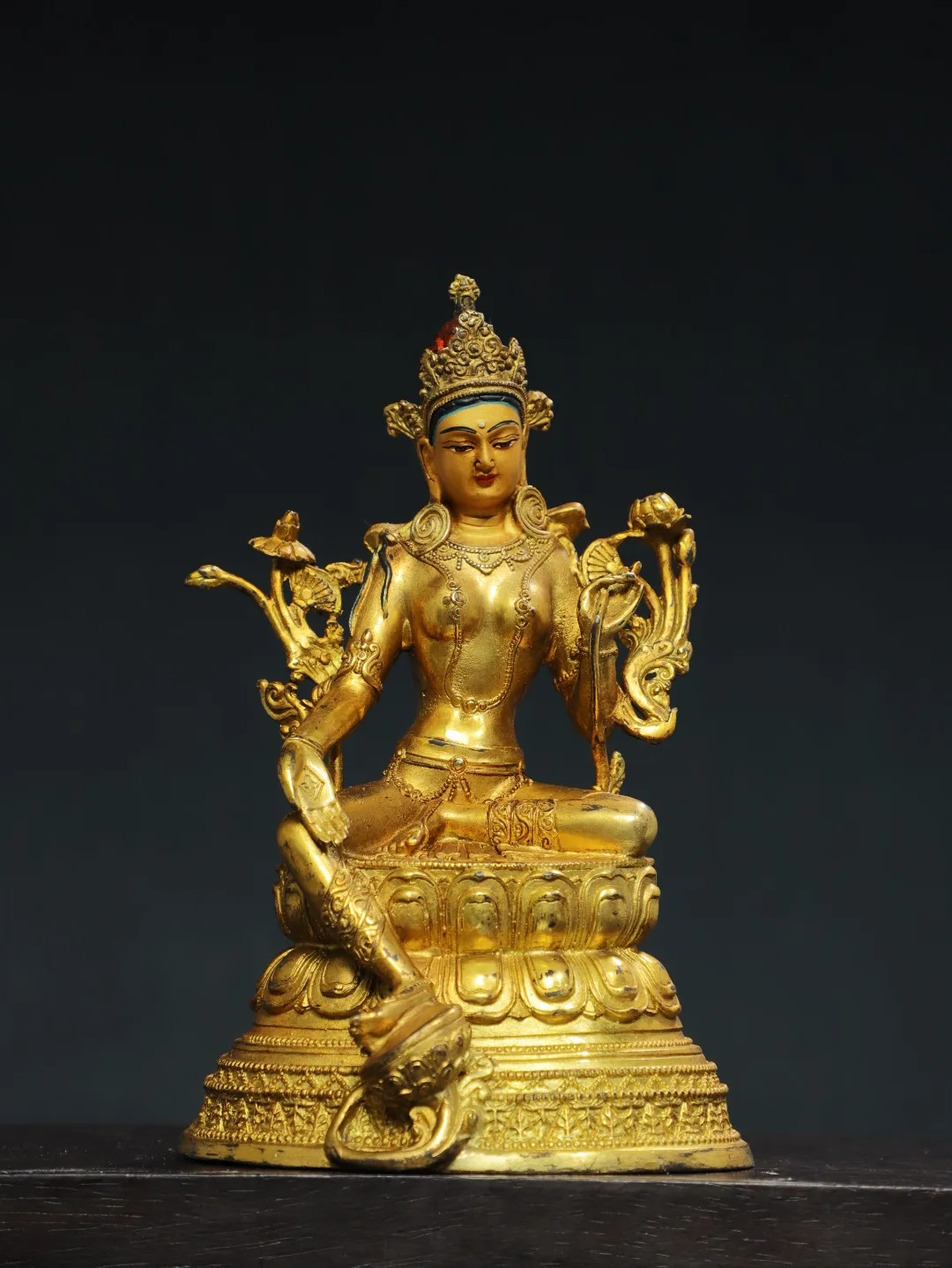 

8"Tibet Temple Collection Old Bronze Gilding Cinnabar Painted Green Tara Buddha Lotus Platform Worship Hall Town house