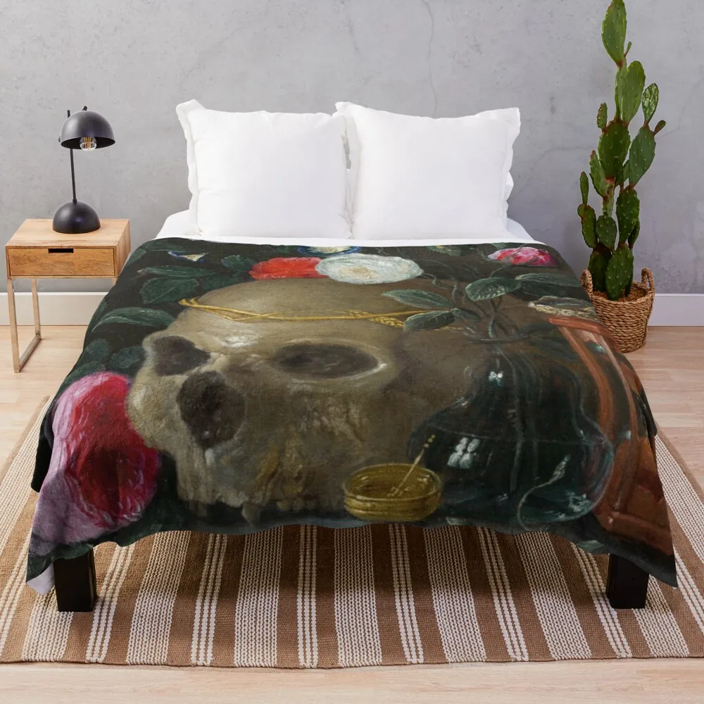 

Skull with roses on ledge Throw Blanket Beach Blanket Tufting Decorative Bed Blankets Retro Blankets