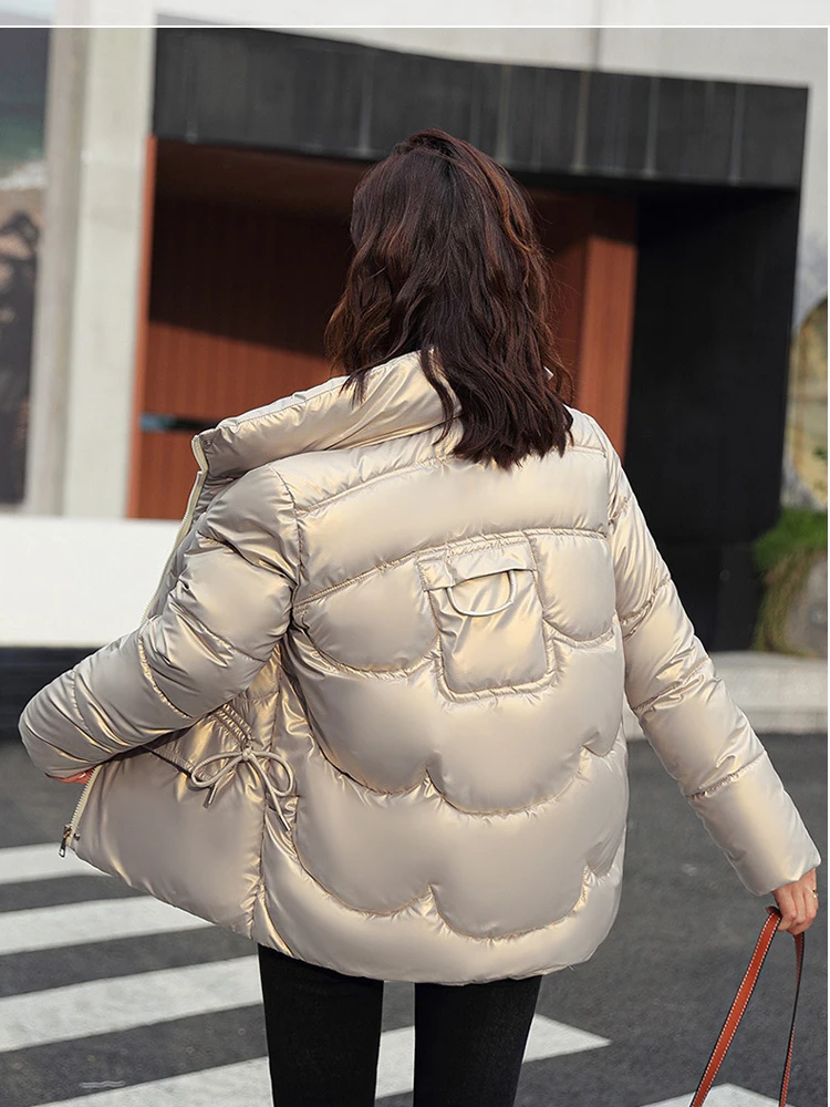 Winter Women Parkas Fashion Thick Glossy Crop Puffer Jacket Stand Collar Long Sleeve Bubble Coats 2022 New enlarge