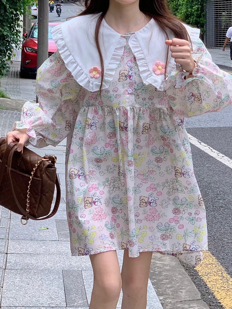 

KIMOKOKM Japanese Peter Pan Collar Flower A-Line Kawaii Doll Dress Sweetheart Cartoon Printing Full Sleeve Loose Mini Dresses