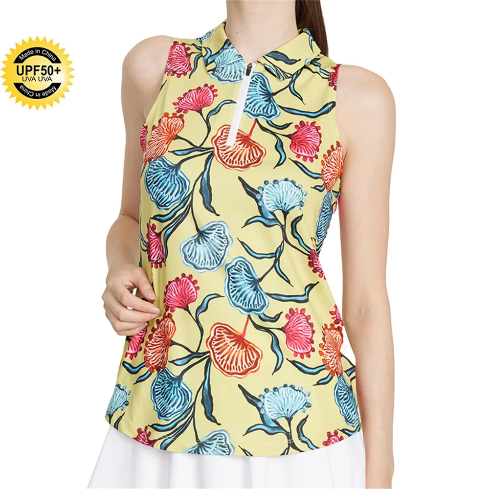 Wear Women Spring Floral Printing Sleeveless Polo Shirts Zip Up 50+uv Women's Golf Wear Clothing Tennis Top Woman Fashion