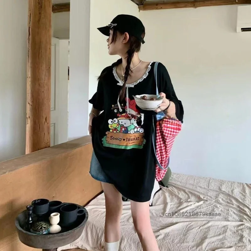 Женская летняя свободная футболка с принтом и кружевными краями