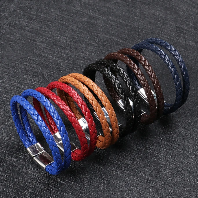 

Simple Leather Double Layers Braided Leather Cuff Men Jewelry Magnetic Clasp Casual Jewelry
