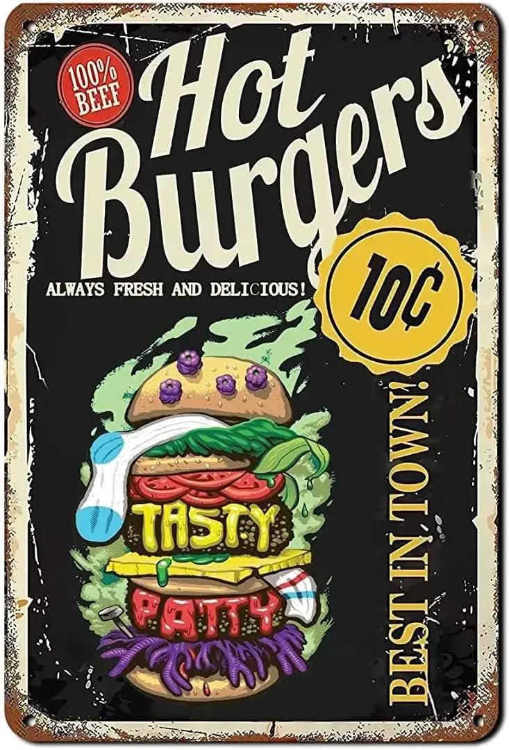 

Funny Retro Signs Hot Burgers Sign Best in Town Burgers - 8"x12" Retro Vintage Metal Tin Sign Bar Pub Diner Fast Food