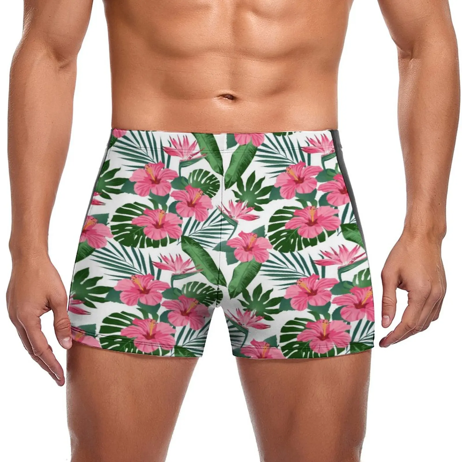 

Tropical Palm Leaves Swimming Trunks Pink Hibiscus Flower Pattern Durable Fashion Swim Boxers Push Up Pool Man Swimwear