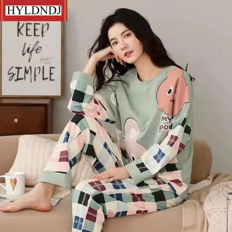 New Spring /autumn Thin 2Pieces Pyjamas Womens Girls Round Neck Long Sleeve Lovely Home Wear Sleepwear Pajamas Set M-5Xl