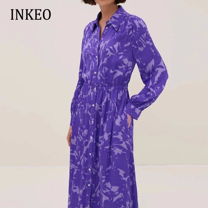 

Spring Summer Women's Maxi dress shirt Fashion Purple print Female Elastic waist Long dresses Elegant Clothing 2022 INKEO 1D209