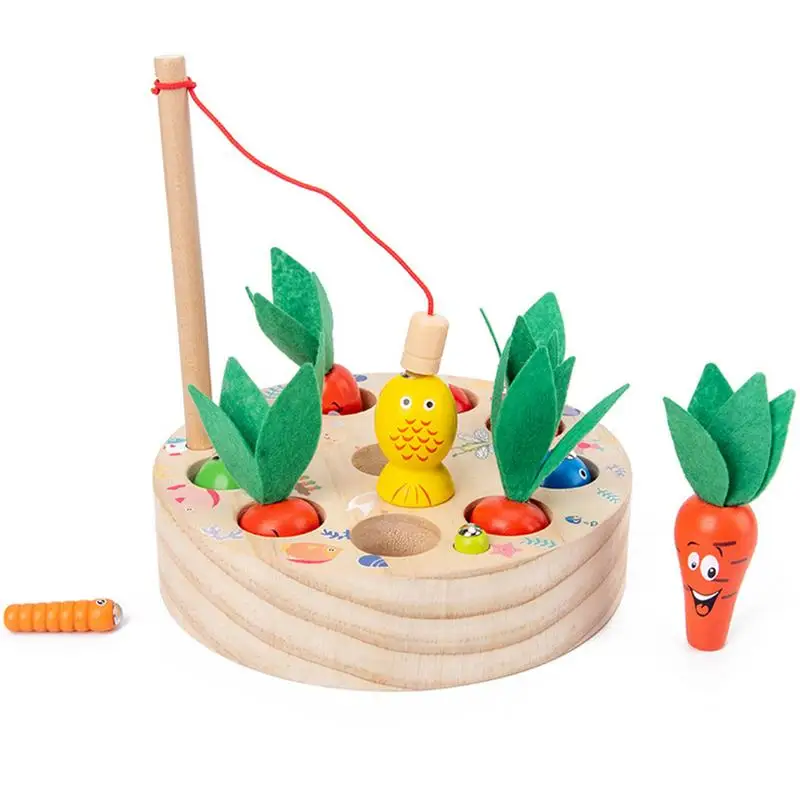 

Moantessori Toy Wooden Toy Pulling Carrot Fishing Shape Matching Size Cognition Montessori Educational Toy For 1-3 Year Old Baby