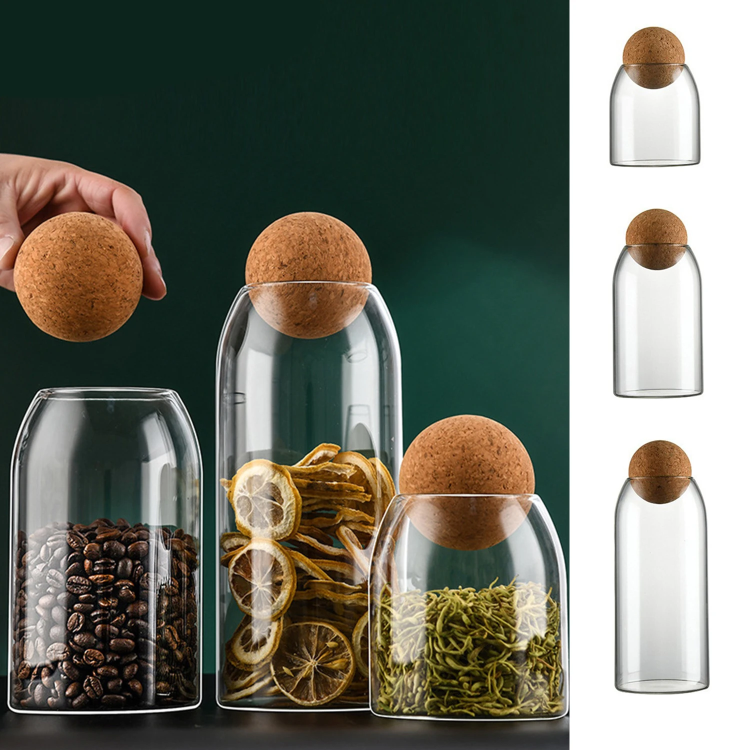 

500-1200ml High Quality Soft Plug Sealed Glass Storage Tank Airtight Wood Ball Lid Glass Canister Food Storage Container Kitchen