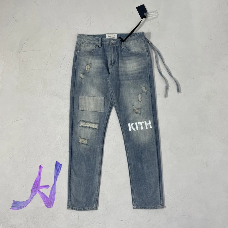 

KITH Jeans Washed Straight Pants Casual Ripped Embroidered Logo Trousers Streetwear Men