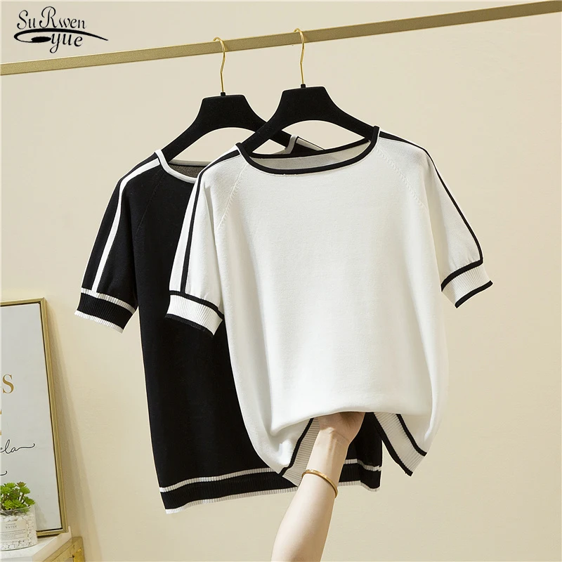 

Women Short Sleeve T-shirt Camisetas Thin Knitted Shirt 2022 Summer Blouse Tops Woman Clothes Striped Fashion Shirt Femme 18841