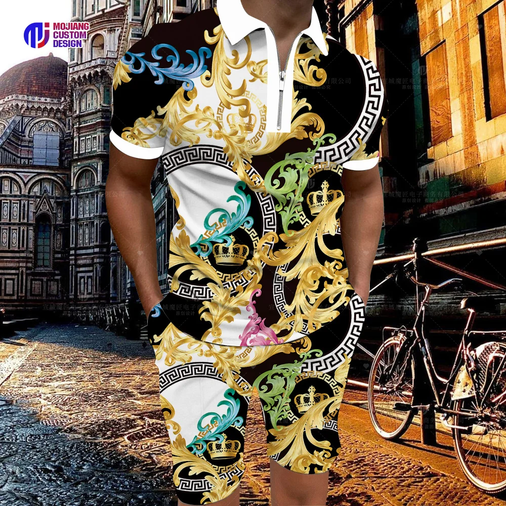 2023 Luxury Men's Polo Shirt Casual Brand Big Gold Chain Set 3d Color Printing Short Sleeve New T-Shirt Men's Lapel Zipper Short