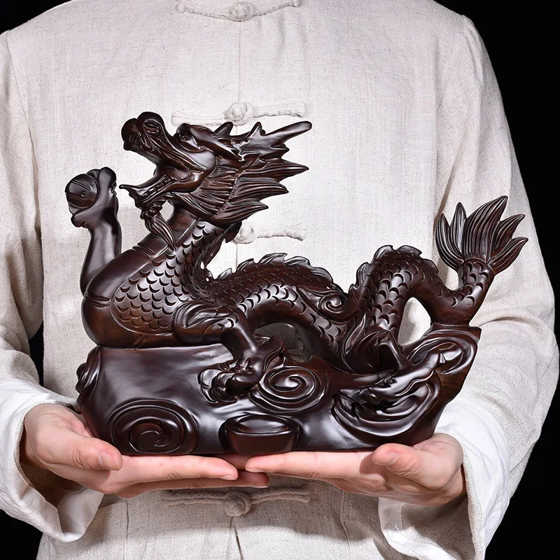 

Ebony Wood Carving Wolong Ornaments Animal Zodiac Dragon Office Home Decoration Wooden Handicraft Gift Decoration
