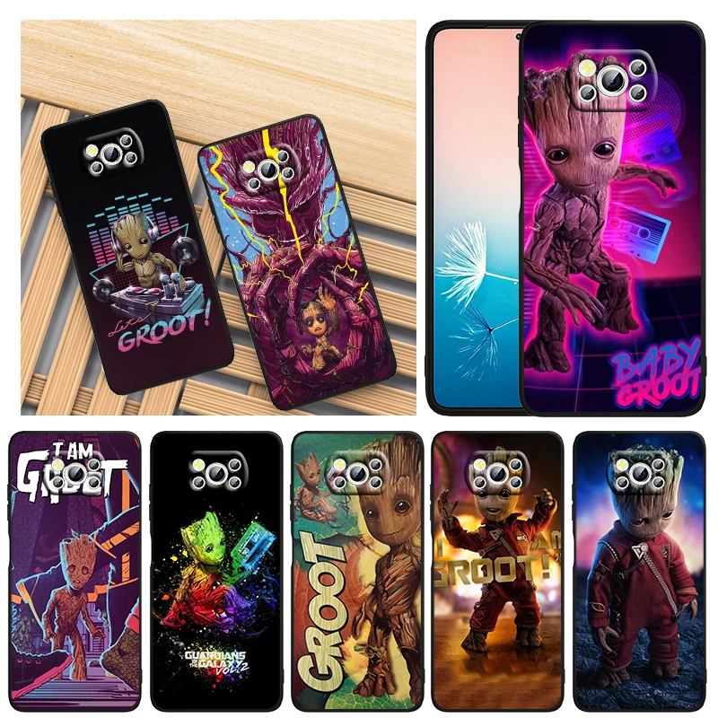 

Cute Cartoon Marvel Groot For Xiaomi Civi Mi Poco X4 X3 NFC F3 GT M4 M3 M2 X2 F2 Pro C3 4G 5G Black Soft TPU Capa Phone Case