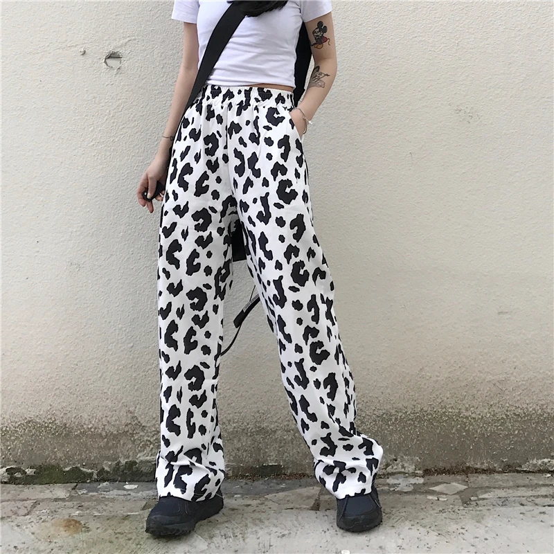 

Fashion Trousers Women Korean Style Cow Printed High Waist Drape Casual Pants streetwear Loose Trendy Straight Wide Leg Pants