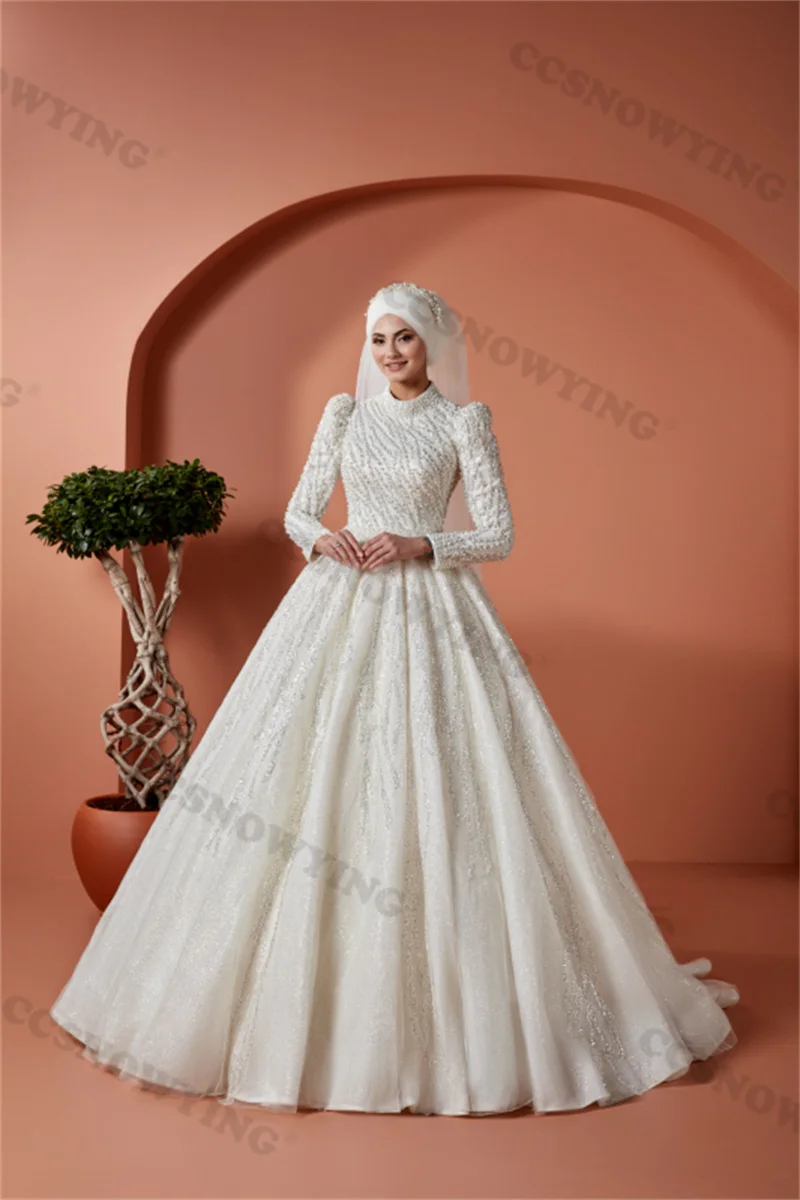 

Luxury Appliques Beaded Muslim Wedding Dresses for Bride Long Sleeve Arabic Dubai Wedding Bridal Gowns Vestidos De Novia