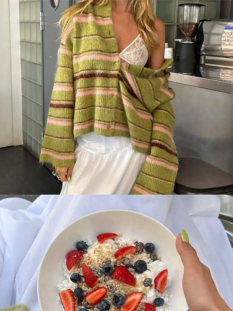 Женский свободный контрастный кардиган с длинными рукавами и v-образным вырезом