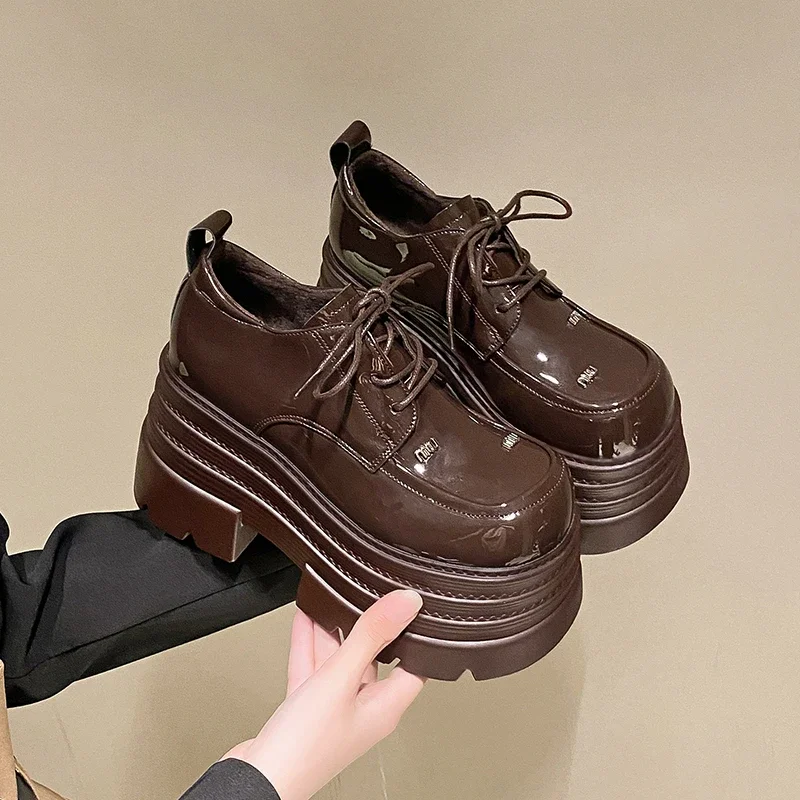 10CM Autumn Women Patent Leather Chunky Sneakers Fur Loafers High Heels Platform Winter Warm Plush Casual Snow Shoes Flats Woman