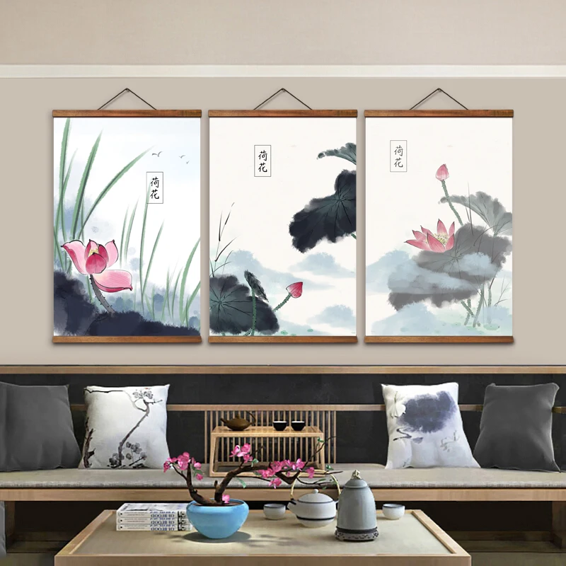 

AS3045 Chinese Style Ink Lotus Room Wall Art Canvas Posters Chinese Solid Wood Scroll Paintings