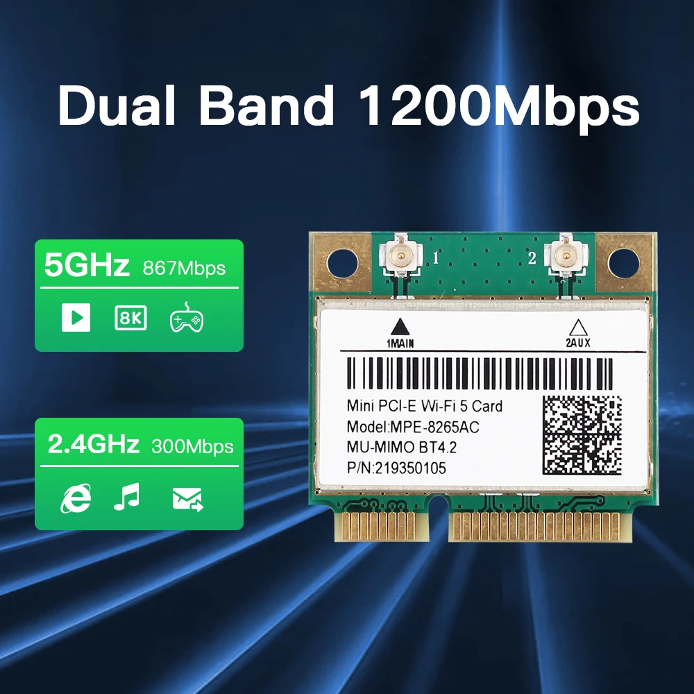 Фото WiFi 5 MPE-8265AC MINI PCI-E WIFI-карта, двухдиапазонная, 2,4G/5 ГГц, BT 4,2, 1200 Мбит/с, 802.11AC, сетевая карта Wlan для ноутбуков с Windows 7/8/10 №3