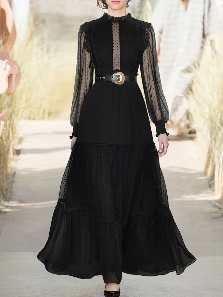 Runway Fashion 2022 Autumn Elegant Long Dress Women Black Lantern Sleeve Belt Dot Ladies Elegant Party
