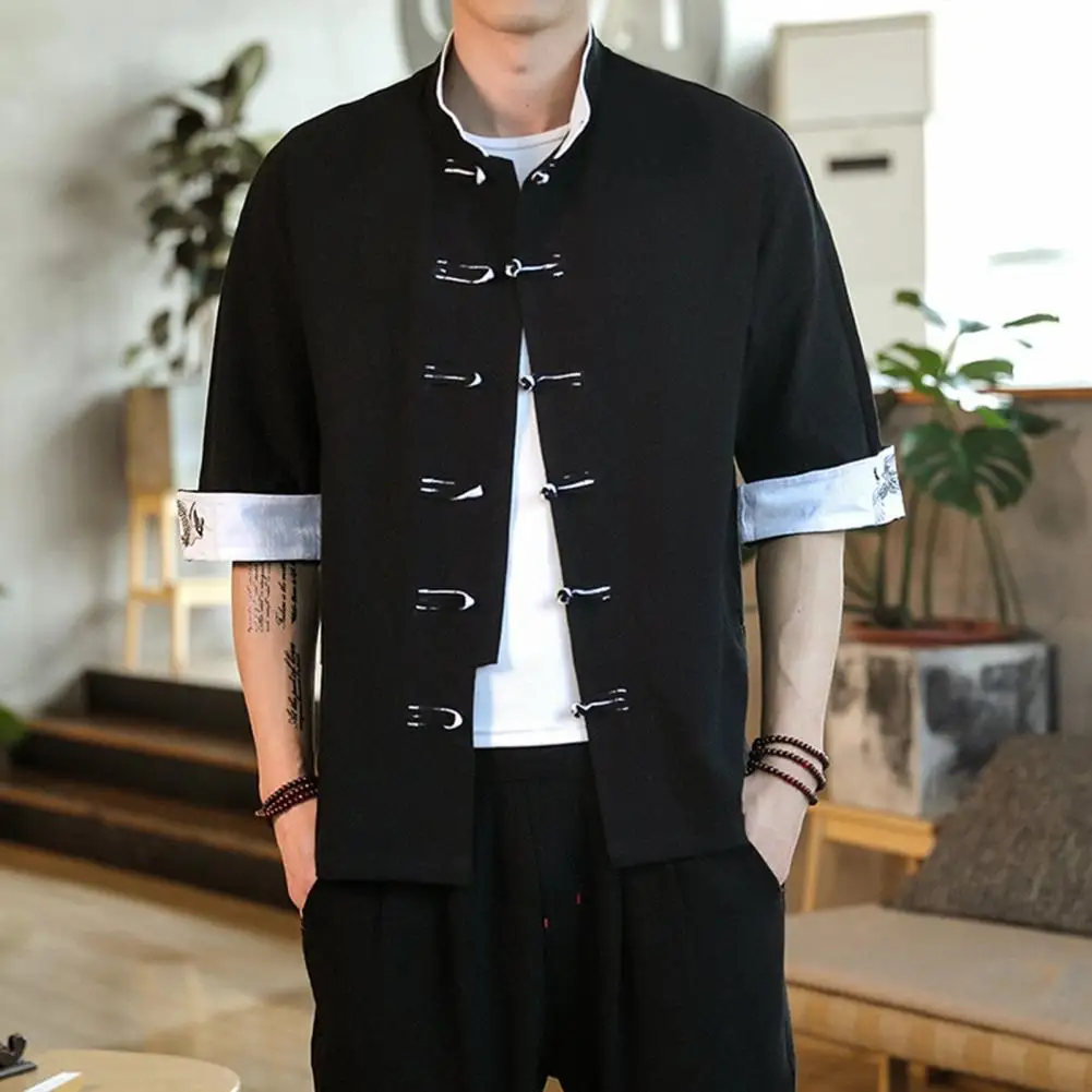 2024 летний топ с вышивкой Журавля Мужские Винтажные льняные рубашки в