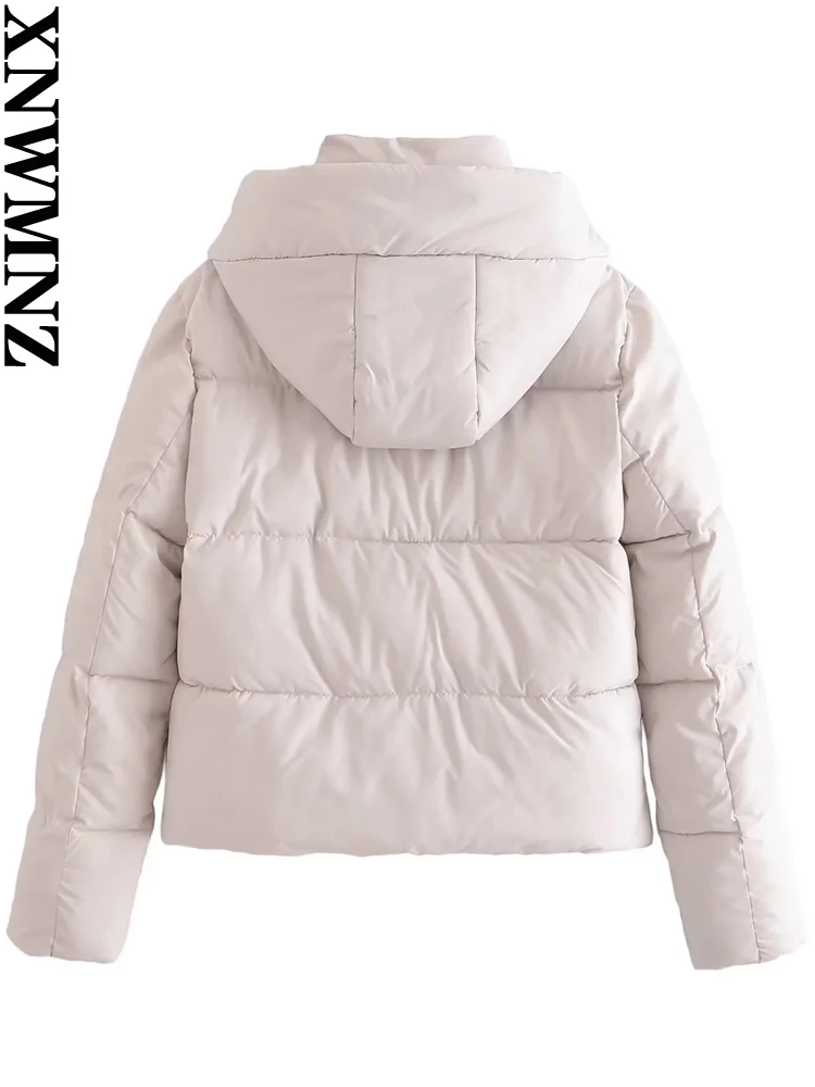 XNWMNZ Women Fashion Hooded Thick Warm Padded Parkas Coat Vintage High Neck Front Zip Female Outerwear Chic Tops