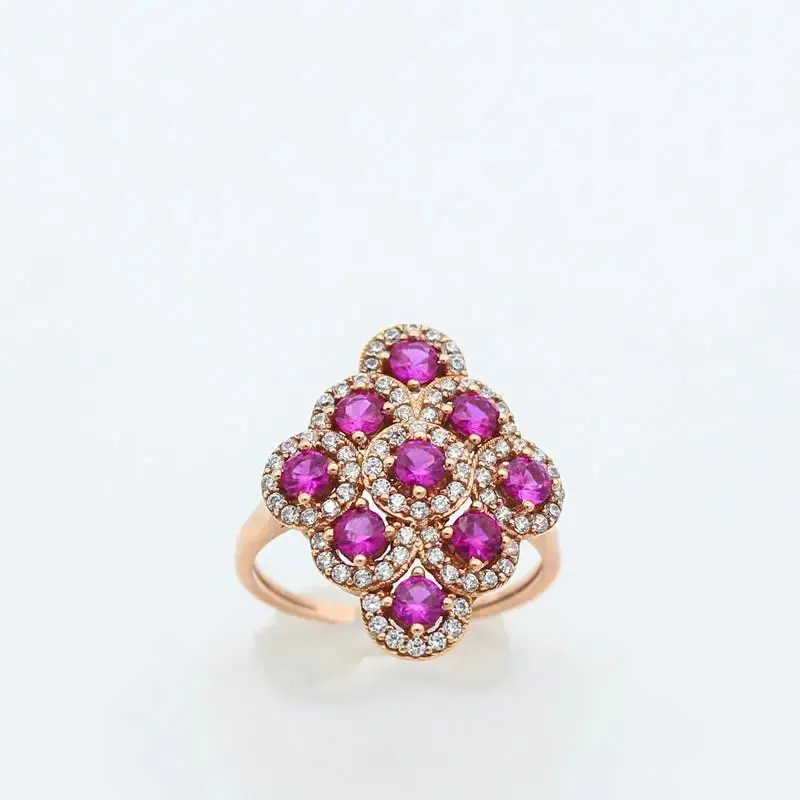 

18K Rose Gold Women's Russian Diamond Red Stone Ring 585 Purple Gold Open Ring for Girlfriend