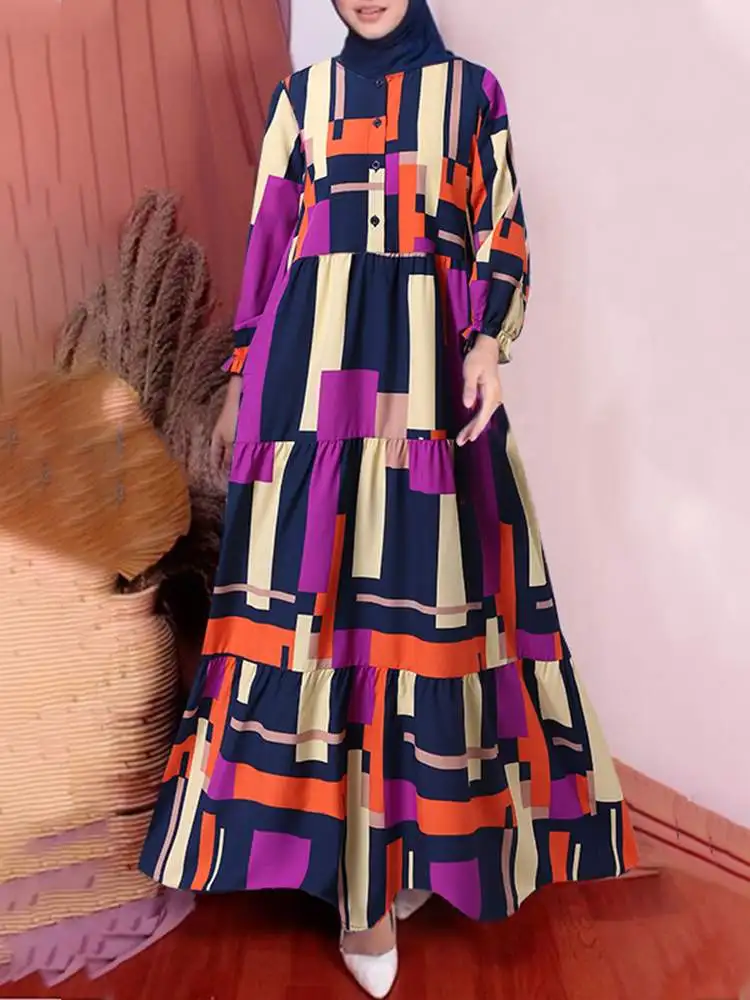 

ZANZEA Women Long Sleeve Printed Casual Muslim Dresses Vintage Dubai Turkey Caftan Marocain Abaya Hijab Dress Islamic Clothing