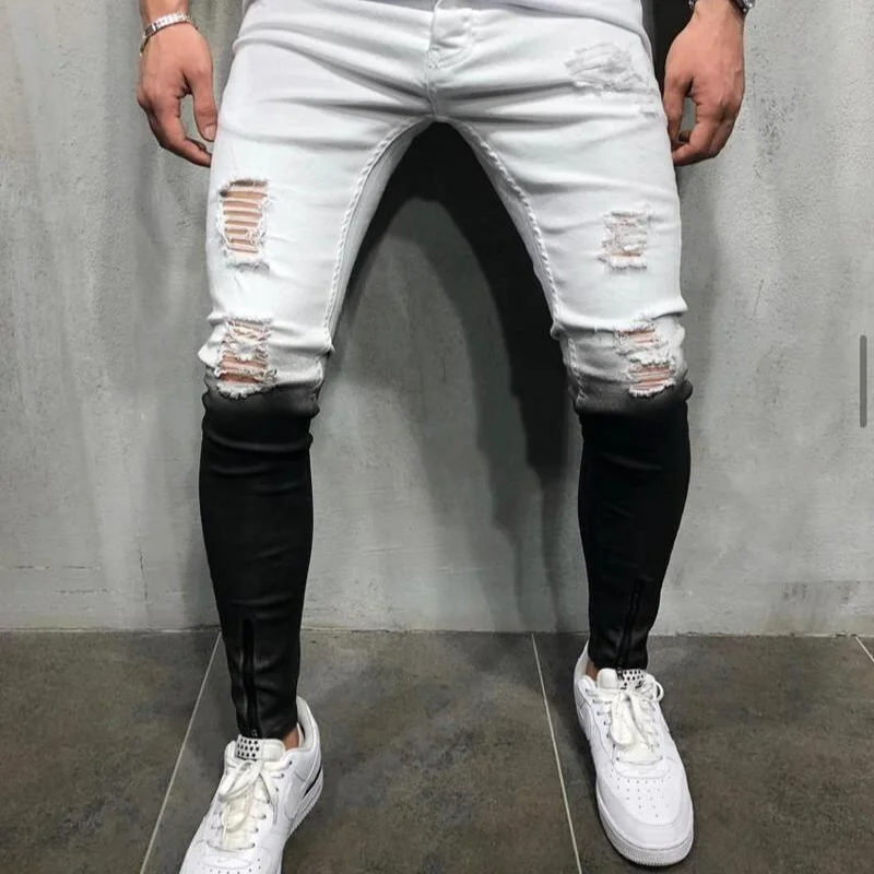 

2022 Dyed Washed Jeans Trousers Men's High Street Skinny Zip Biker Jeans High Waist Street Casual Washed Desiger Shredded Jeans