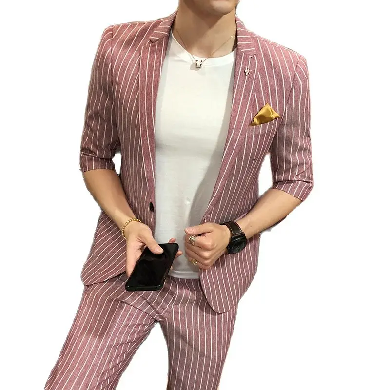 

New Foreign Trade Men's Three-quarter Sleeves Single Breasted Slim Stripes Fashionable and Comfortable Business Casual Suits