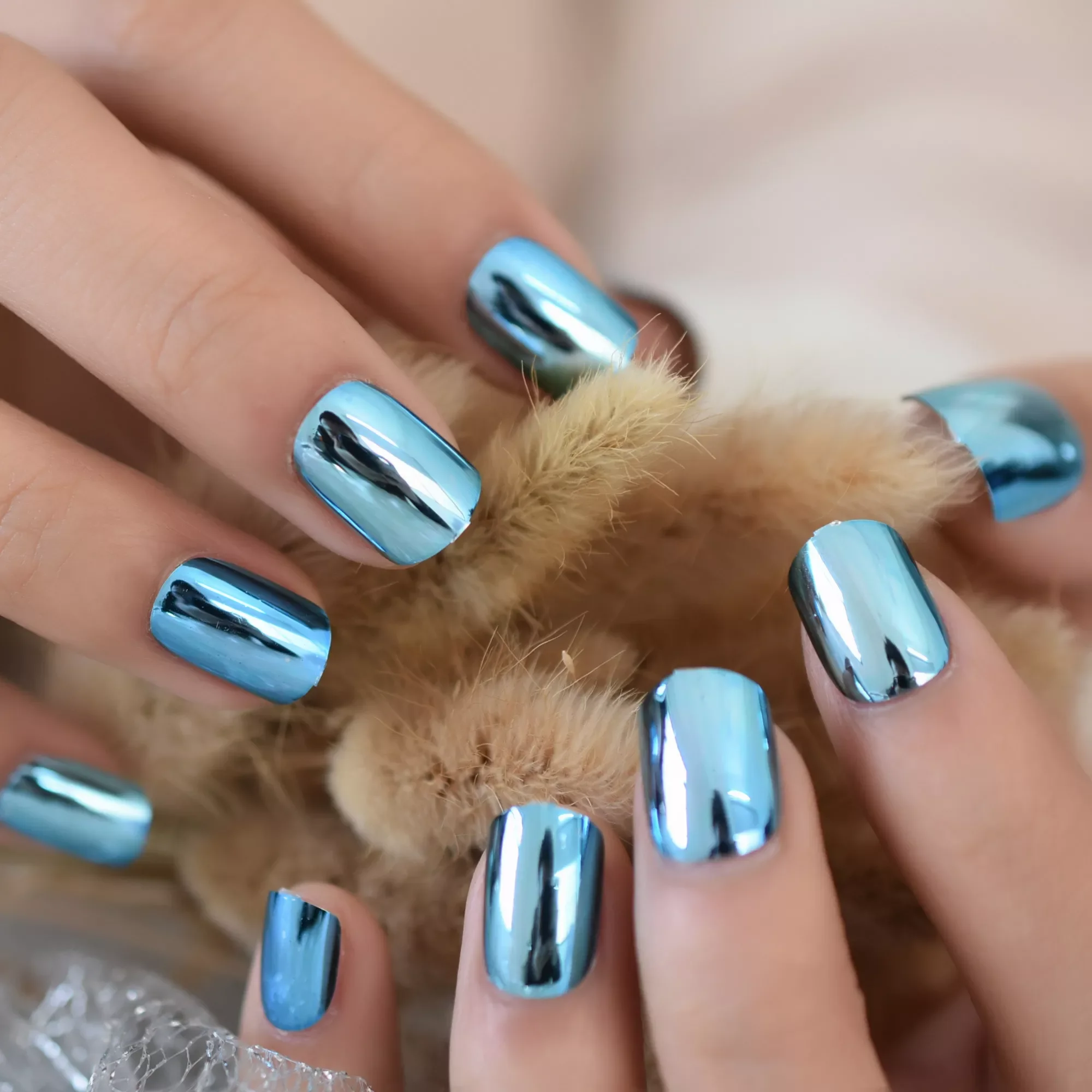 

Rock Style Mirror Light Fake Nail Patch Metal Plating Press On Nail Artificial Tip Light Blue Metallic Hard Nail Stuff