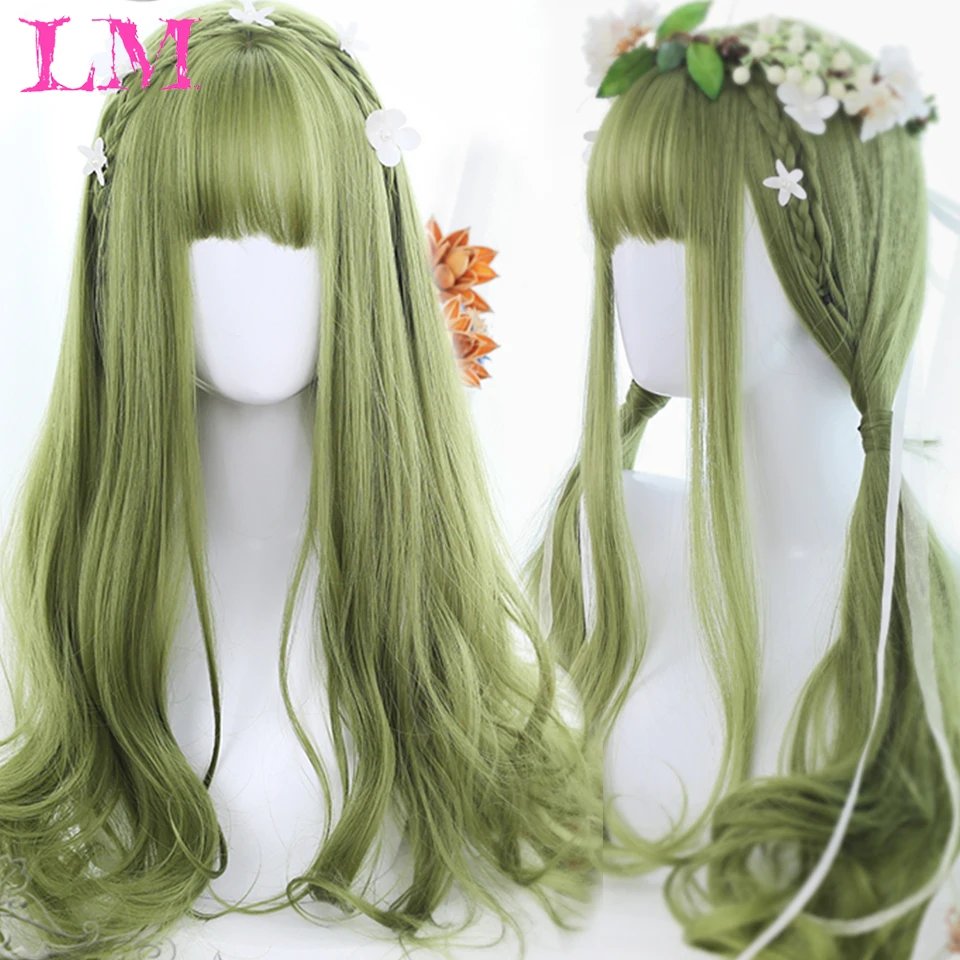 

LM Synthetic Long Ombre Blue Pink Green Lolita Wig Harajuku Fairy Cosplay Wig Bangs Wave Sweet Hairstyle Christmas Natural Hair