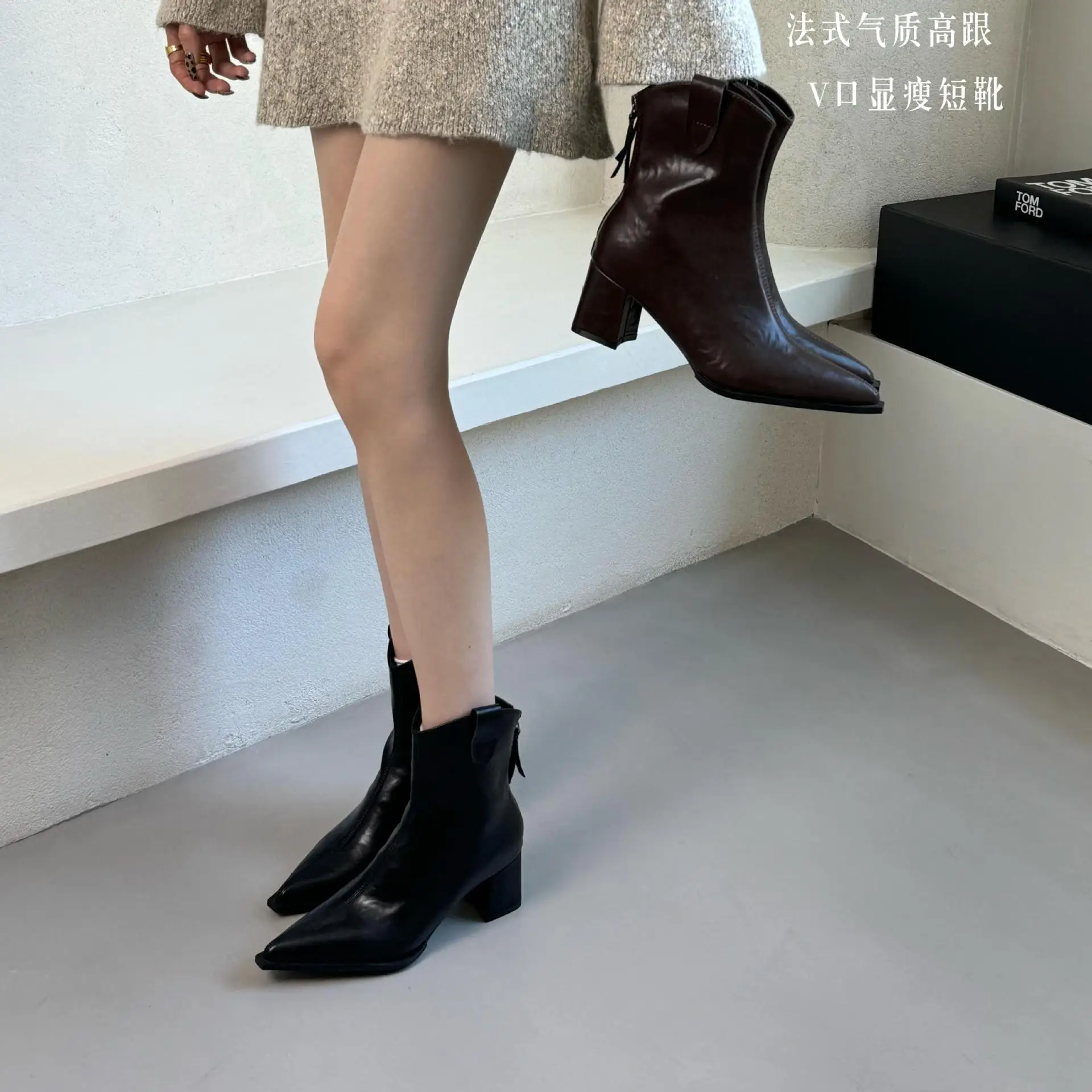 Зимние сапоги женские резиновые с круглым носком 2024 высокий каблук щиколотка