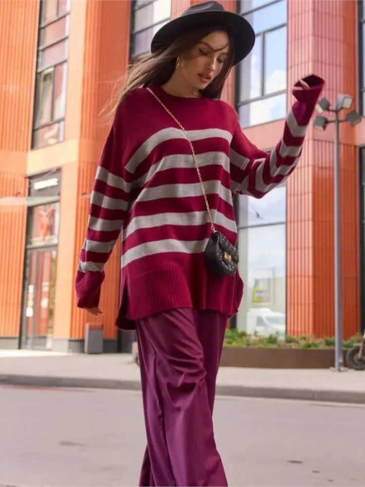 Модный полосатый вязаный свитер женский свободный пуловер с длинным рукавом и