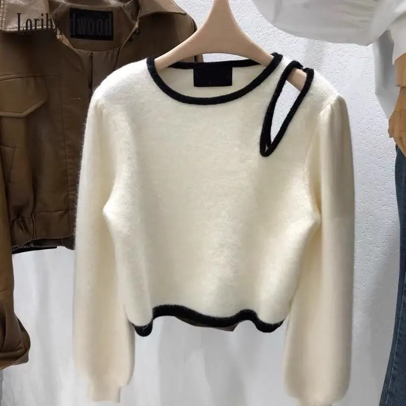 

Loribindwood 2022 Autumn Winter New Fashion Collared Round Collar Hollow Shoulder Pullover Long Sleeve Knitted Sweater Women