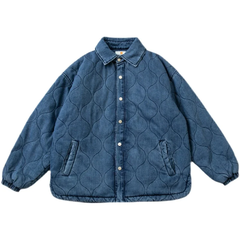 Japanese Cityboy Loose Shoulder Sleeves Washed Denim Cotton Coat Men's and Women's Solid Color Cotton Padded Blue Jacket