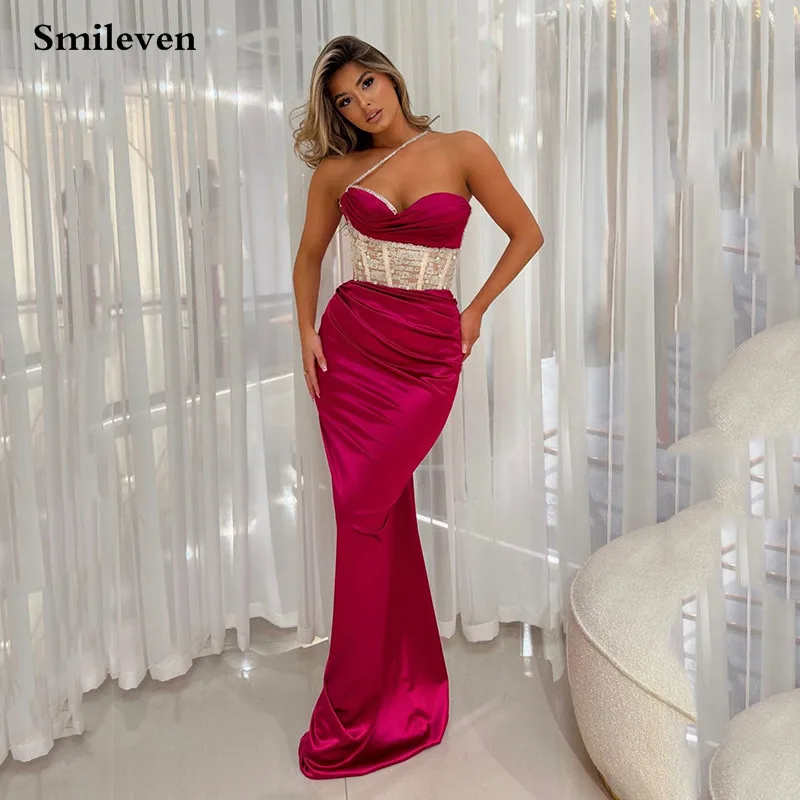 

Smileven Modest Pink Evening Dresses Sweetheart Neck Beading Saudi Arabia Robe De Soirée Evening Party Prom Dress 2023
