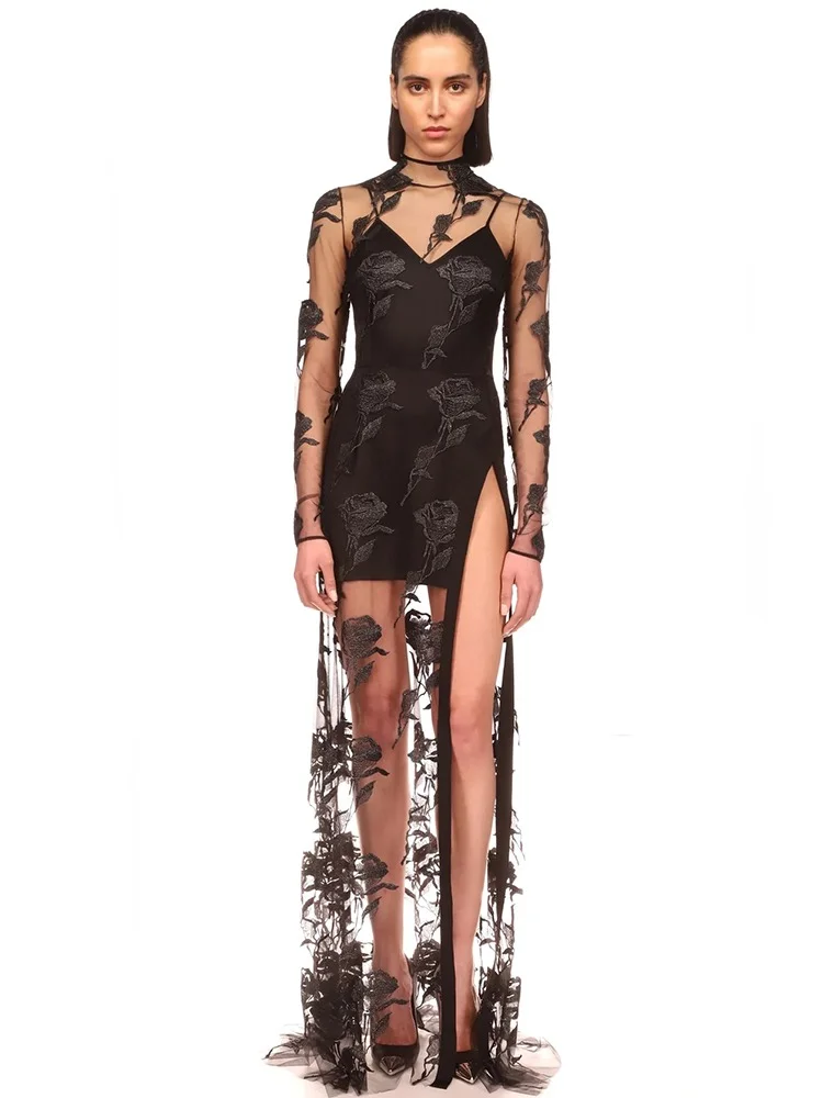 BEVENCCEL  2023 New Summer Women's Black Lace Long Sleeve Perspective Mesh Long Rayon Bandage Dress Celebrity Party Dress