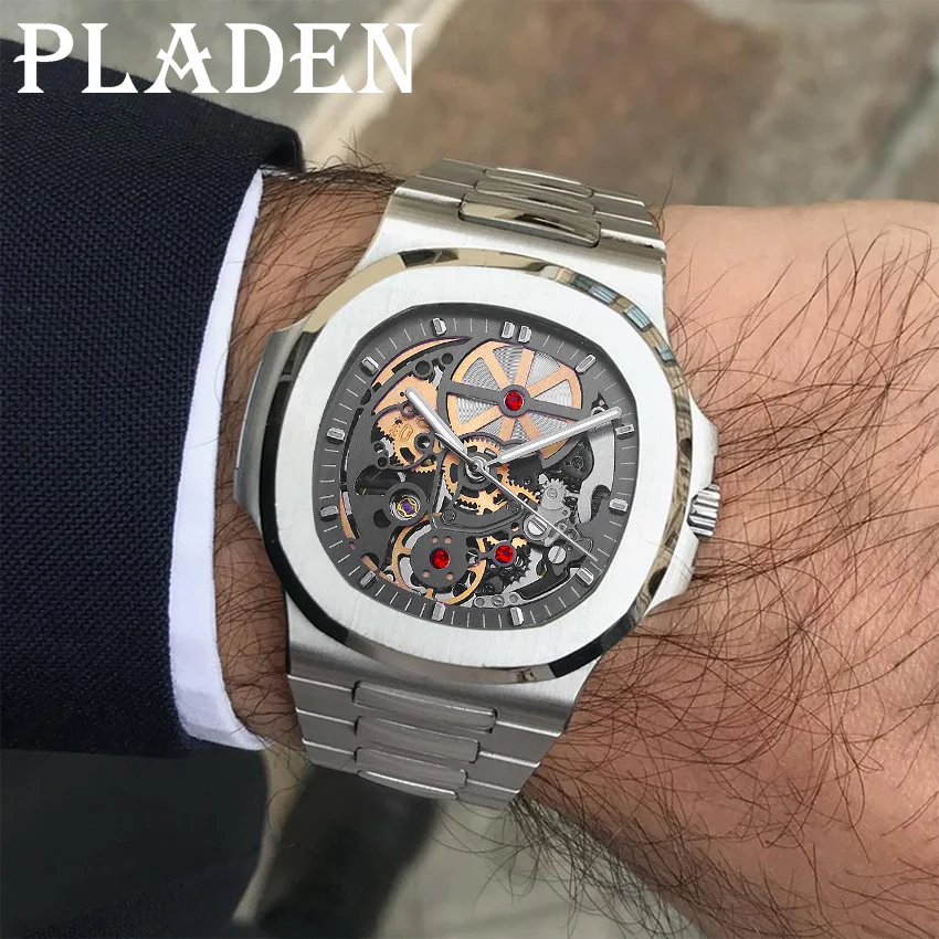 PLADEN Luxury Men's Automatic Watches Hollow Out Mechanical Wristwatch Business Stainless Steel Clock Free Shipping Reloj Hombre
