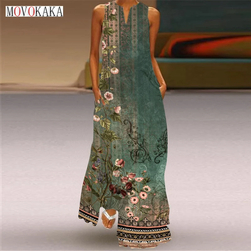 

MOVOKAKA Ladies Spring Summer Long Dress Loose Sleeveless V-neck Print Beach Maxi Dresses Elegant Party Casual Boho Dress Women