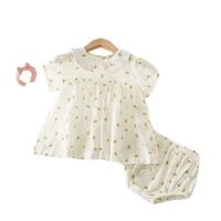 2022 summer new doll collar retro small floral suit baby girl short sleeved shirt shorts baby girl outfit