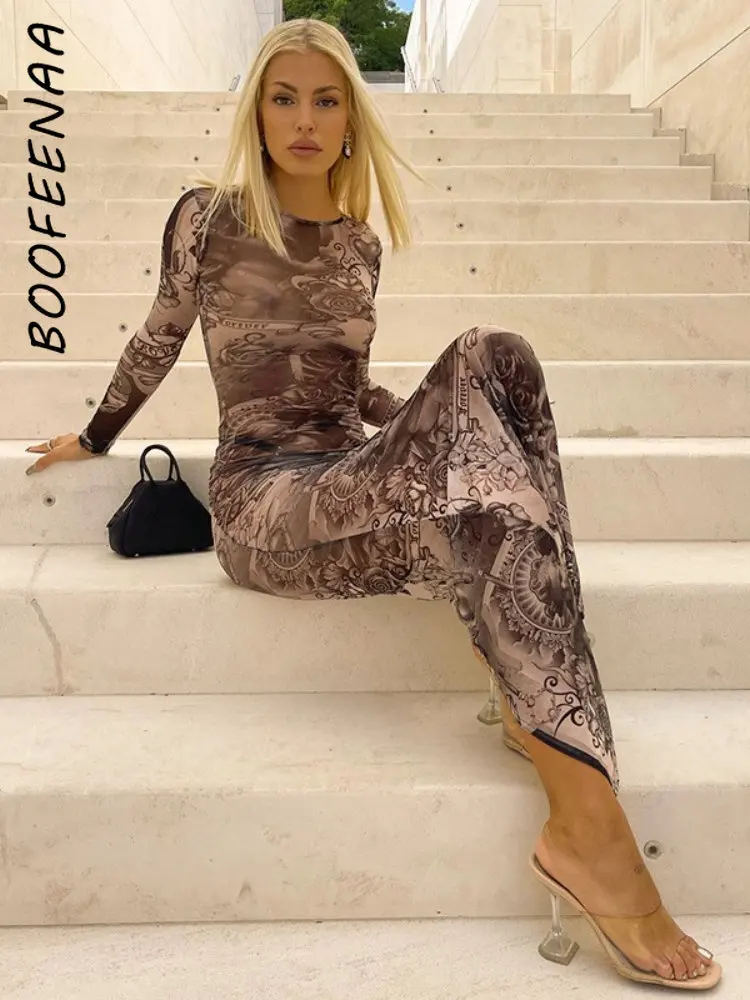 

BOOFEENAA Y2k Aesthetic Mesh Sheer Maxi Dress Autumn Outfits for Women Sexy Long Sleeve Bodycon Dresses Vintage Clothes C85-CZ17