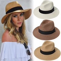 unisex panama straw hats for women men summer beach sun hat wide brim foldable cap upf50 cowboy fedora hat gangster cap