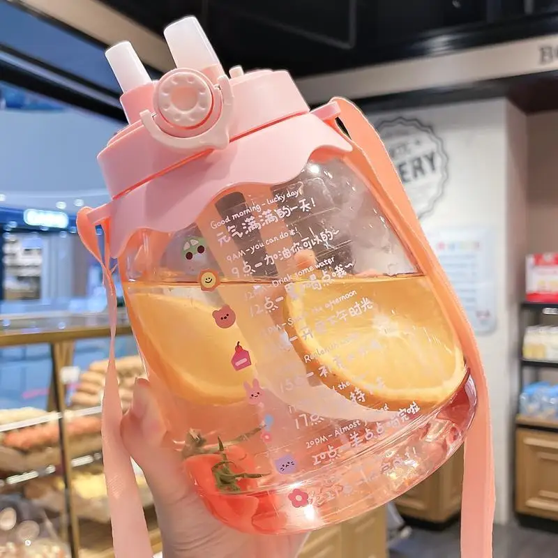 

1.1L 1.3L Women Sport Double Drink Water Cup Large Capacity Straw Portable Tumbler Cute Pot Belly Cup Student Kids Water Bottle