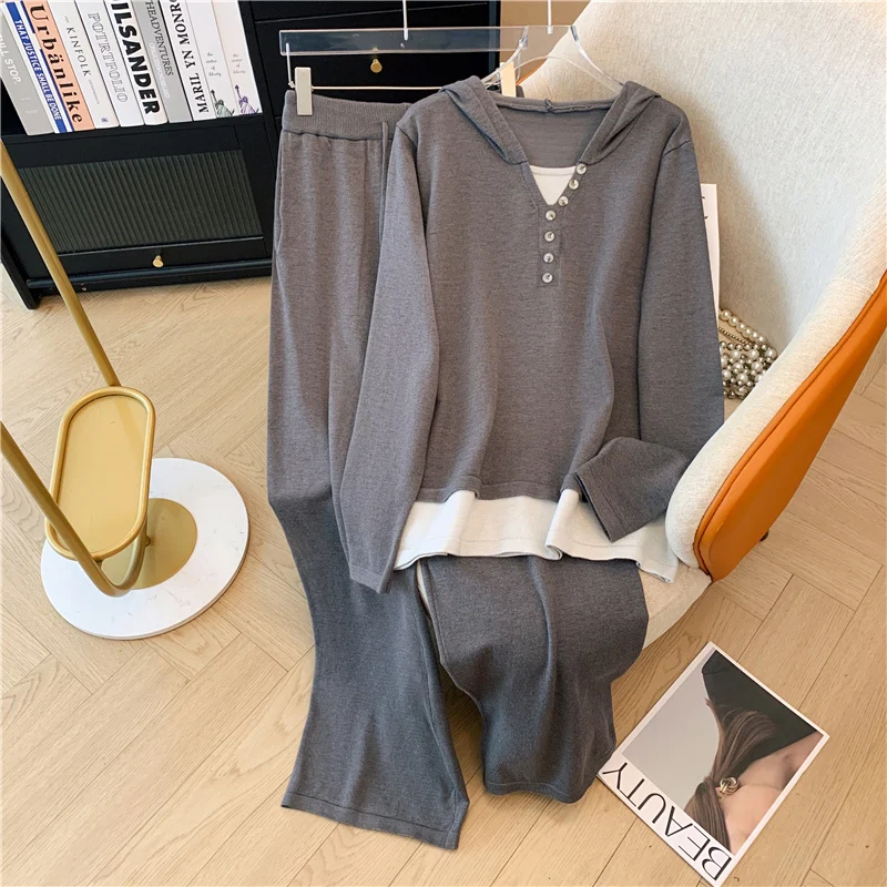 Модный женский костюм в Корейском стиле свободный вязаный топ с капюшоном