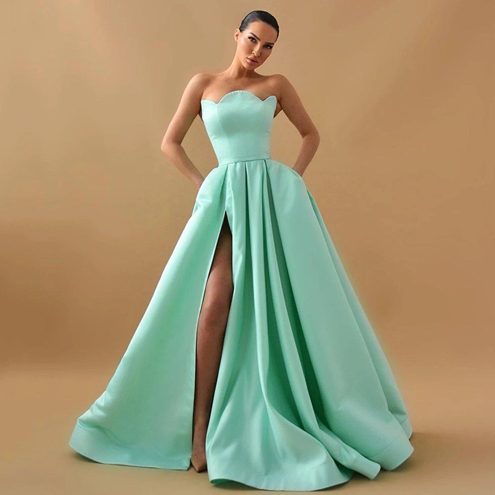 

Lace-up Evening Dresses Sleeveless Sweep Train Side High Split Women Dresses Backless A-Line Draped Ruffles Prom Dresses