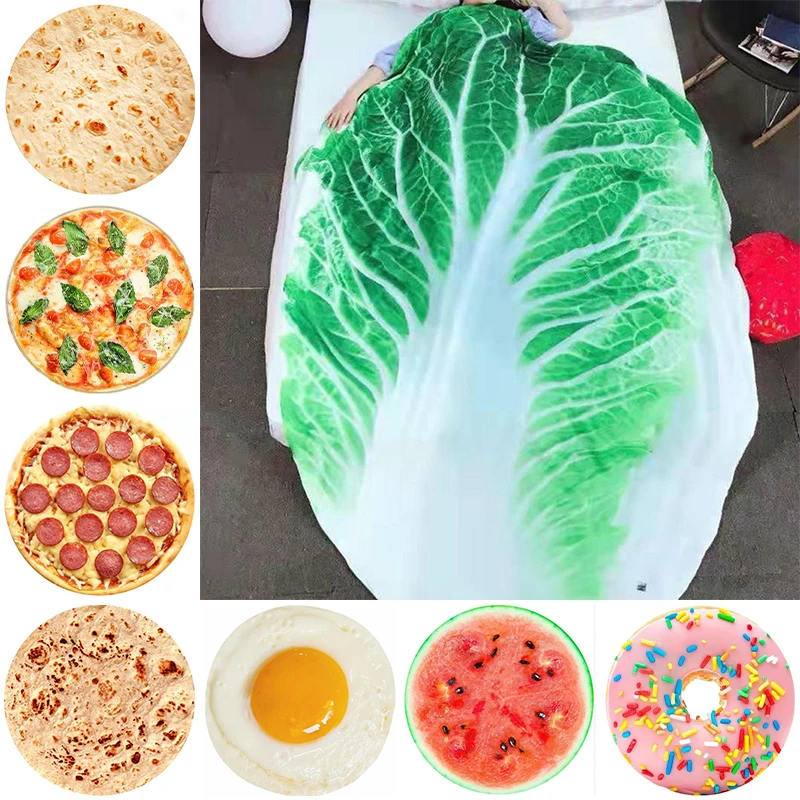 

Fun Realistic Chinese Cabbage Tortilla Burrito Pizza Blanket Donut Fried Egg Watermelon Throw Blanket Giant Food Pattern Flannel