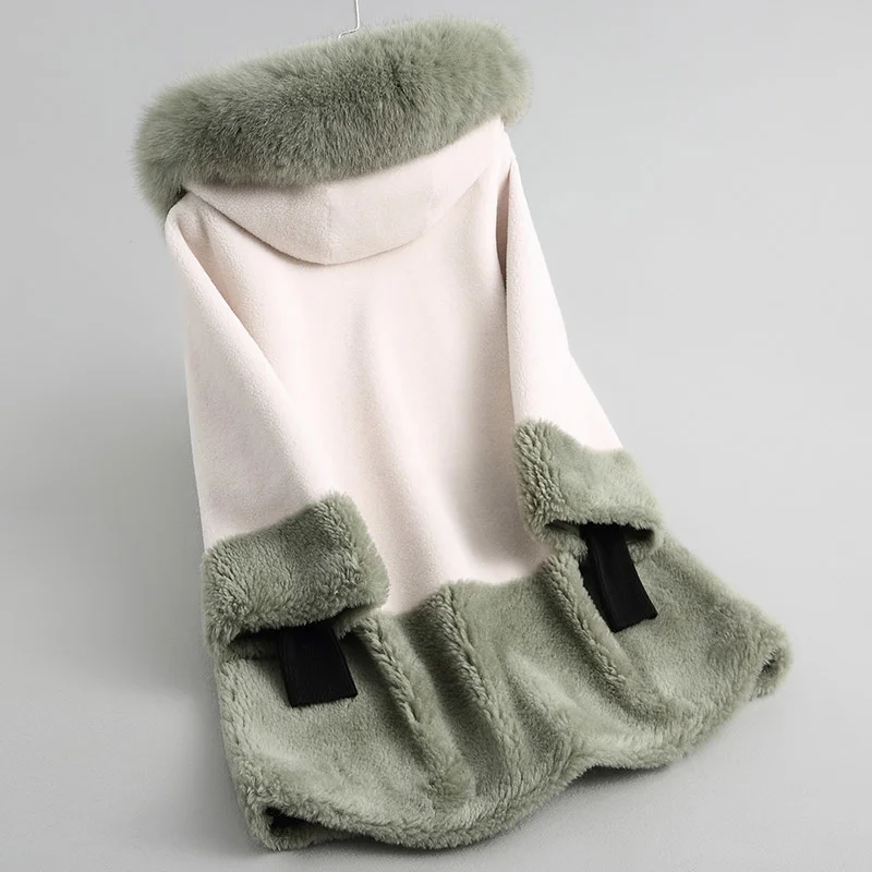 

quality Superior Wool Coat With Natural Fox Collar Hooded Long Sheep Shearing Coats Women Winter Lambs Fur Jacket